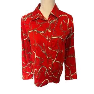 Talbots Red Esquestrian Print Button Down Long Sleeve Blouse Size 112
